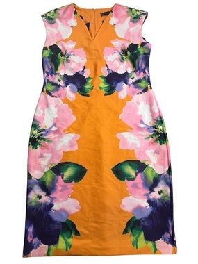 New York & Company XL Orange Floral Stretch Sheath Dress Wedding Guest Workwear
